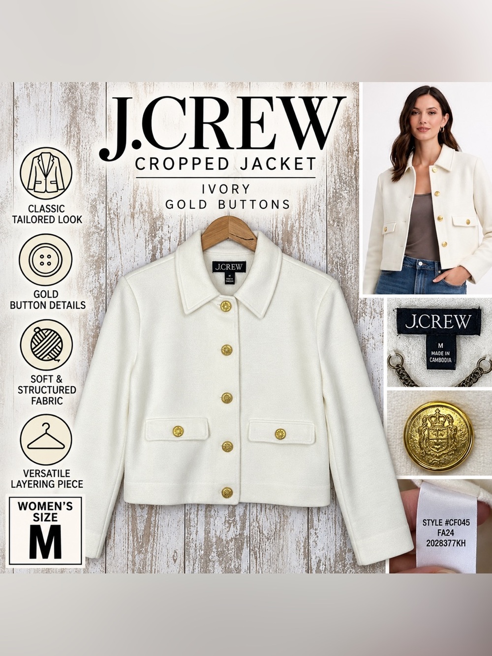 J.Crew Ivory Cropped Jacket Gold Buttons Women’s Size Medium